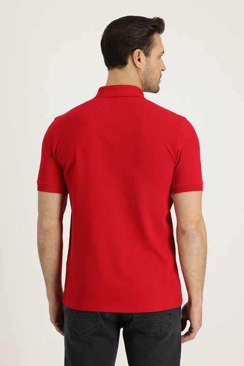 Flag Red Polo Collar Regular Fit Embroidered Cotton T-Shirt