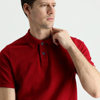 Dark Red Polo Collar Regular Fit Embroidered Cotton T-Shirt