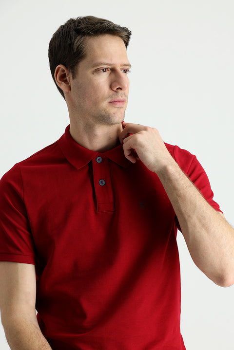 Dark Red Polo Collar Regular Fit Embroidered Cotton T-Shirt