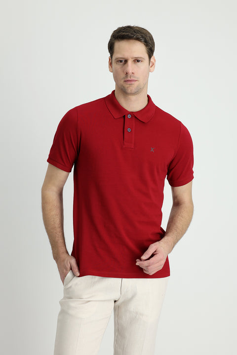 Dark Red Polo Collar Regular Fit Embroidered Cotton T-Shirt