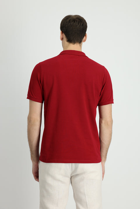 Dark Red Polo Collar Regular Fit Embroidered Cotton T-Shirt