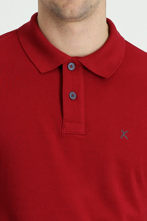 Dark Red Polo Collar Regular Fit Embroidered Cotton T-Shirt