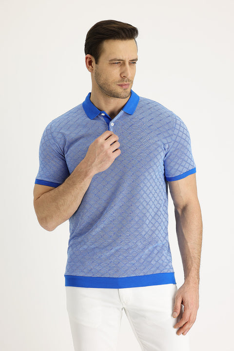 Blue Polo Collar Slim Fit Patterned T-shirt