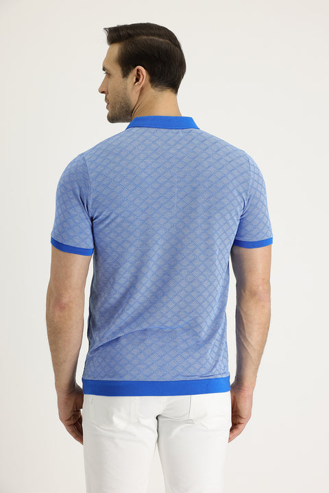 Blue Polo Collar Slim Fit Patterned T-shirt