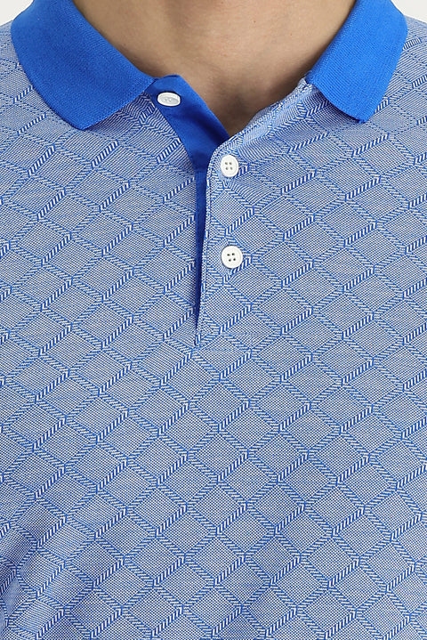 Blue Polo Collar Slim Fit Patterned T-shirt