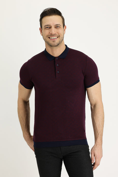 Light Burgundy Polo Collar Slim Fit Patterned T-shirt