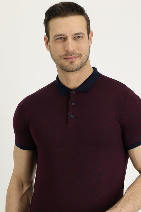 Light Burgundy Polo Collar Slim Fit Patterned T-shirt