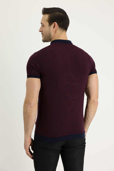 Light Burgundy Polo Collar Slim Fit Patterned T-shirt
