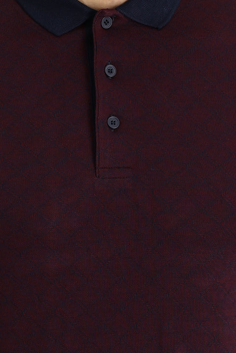 Light Burgundy Polo Collar Slim Fit Patterned T-shirt