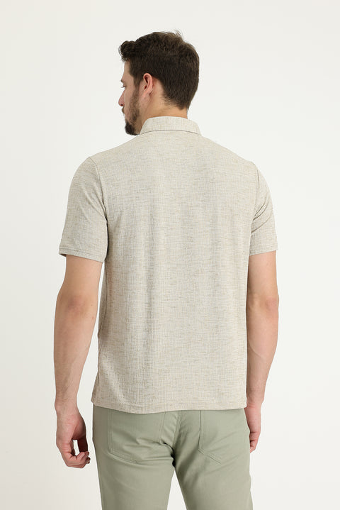 Medium Beige Polo Collar Regular Fit Patterned T-shirt