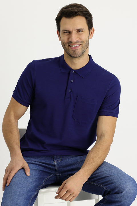 Medium Navy Polo Collar Regular Fit Embroidered Cotton T-Shirt