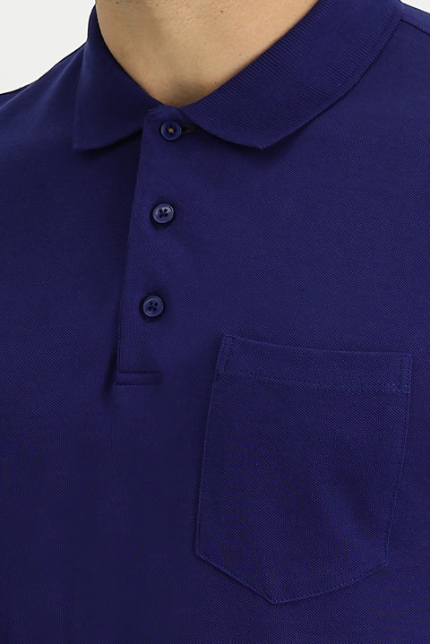Medium Navy Polo Collar Regular Fit Embroidered Cotton T-Shirt