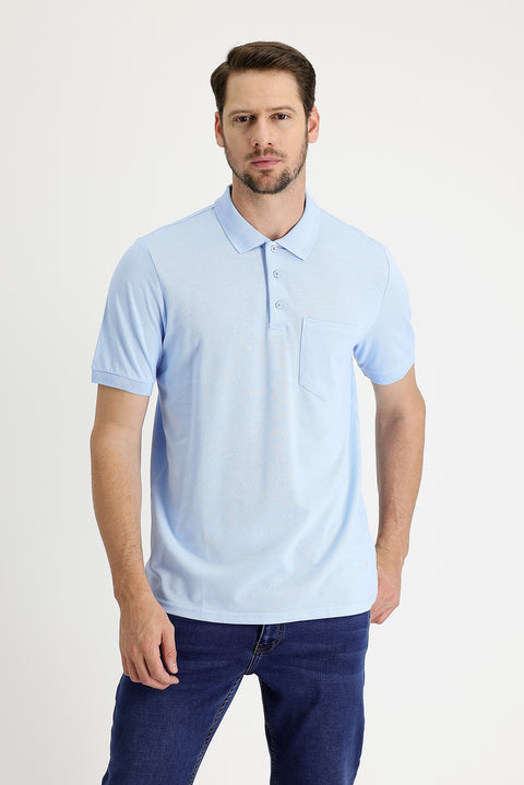 Light Blue Polo Collar Regular Fit Embroidered Cotton T-Shirt