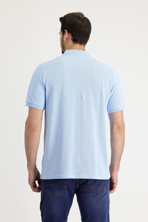 Light Blue Polo Collar Regular Fit Embroidered Cotton T-Shirt