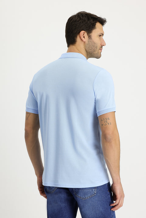 Light Blue Polo Collar Regular Fit Embroidered Cotton T-Shirt