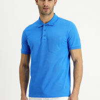 Su Mavisi Polo Yaka Regular Fit Nakışlı Pamuk Tişört