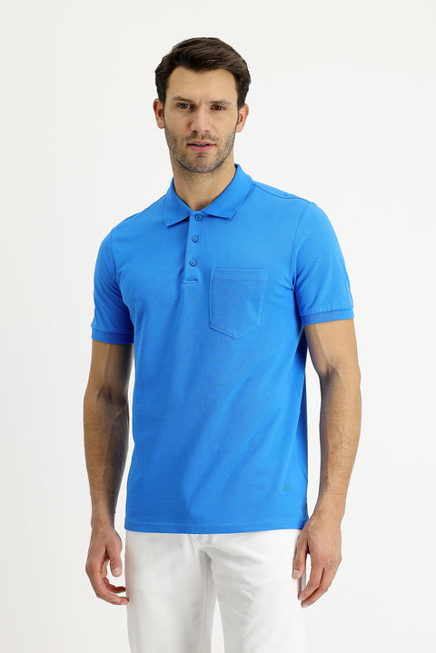 Su Mavisi Polo Yaka Regular Fit Nakışlı Pamuk Tişört