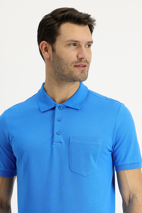 Su Mavisi Polo Yaka Regular Fit Nakışlı Pamuk Tişört