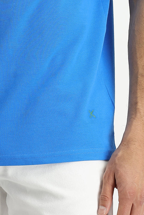 Su Mavisi Polo Yaka Regular Fit Nakışlı Pamuk Tişört