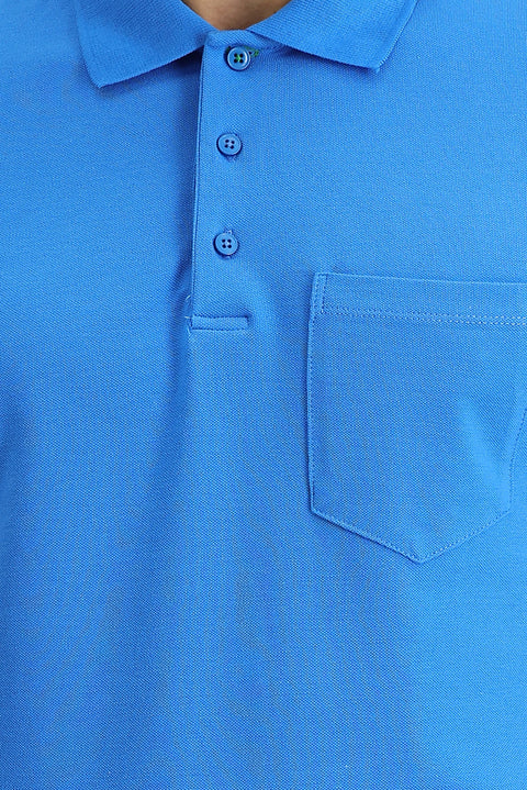 Su Mavisi Polo Yaka Regular Fit Nakışlı Pamuk Tişört