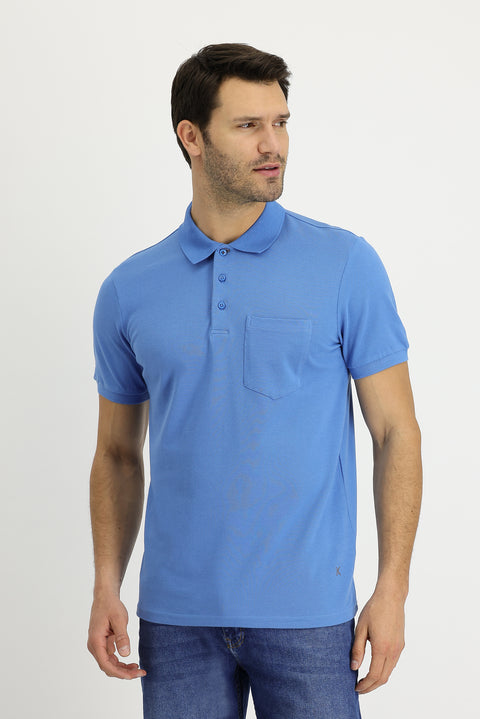 Havacı Mavi Polo Yaka Regular Fit Nakışlı Pamuk Tişört