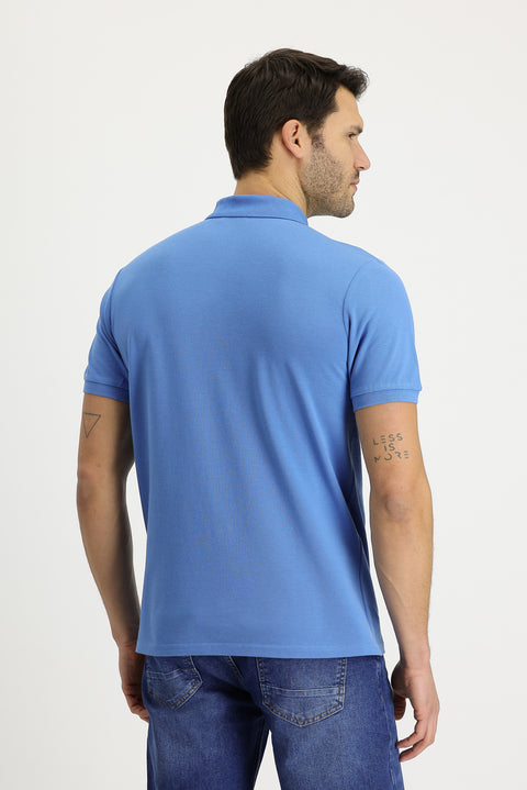 Havacı Mavi Polo Yaka Regular Fit Nakışlı Pamuk Tişört