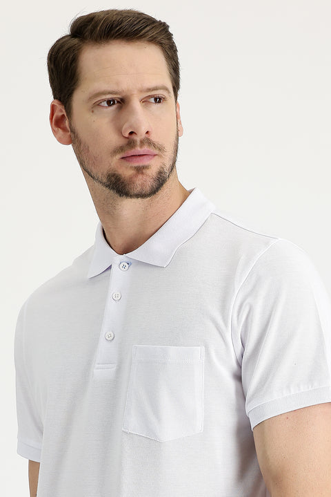 White Polo Collar Regular Fit Embroidered Cotton T-Shirt