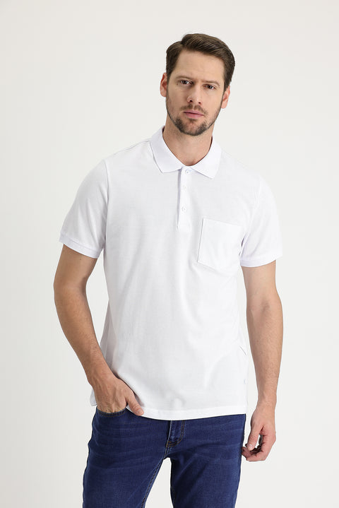 White Polo Collar Regular Fit Embroidered Cotton T-Shirt