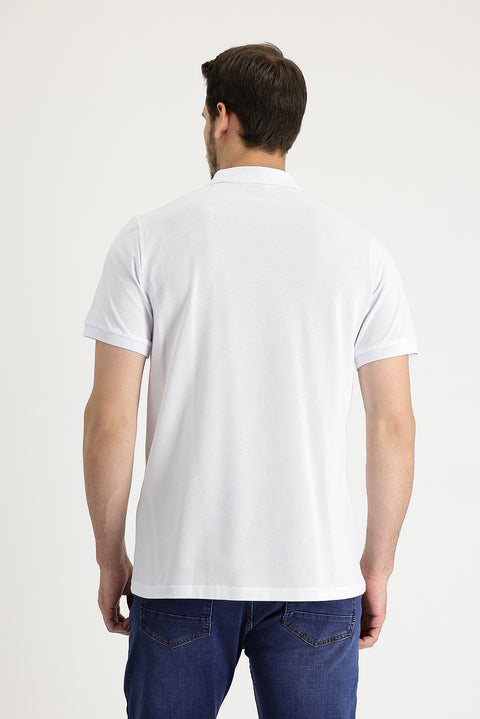 White Polo Collar Regular Fit Embroidered Cotton T-Shirt
