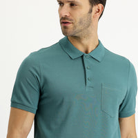 Moss Green Polo Collar Regular Fit Embroidered Cotton T-Shirt