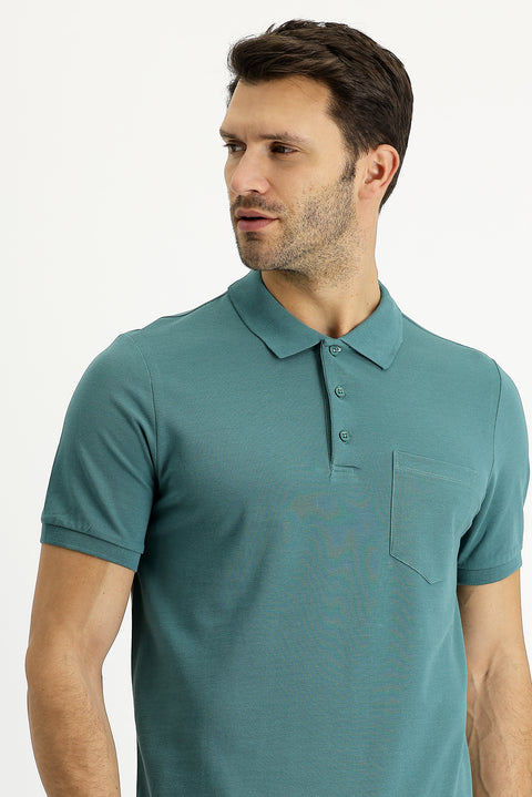 Moss Green Polo Collar Regular Fit Embroidered Cotton T-Shirt