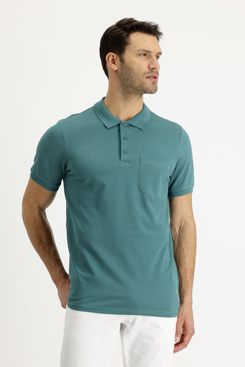 Moss Green Polo Collar Regular Fit Embroidered Cotton T-Shirt