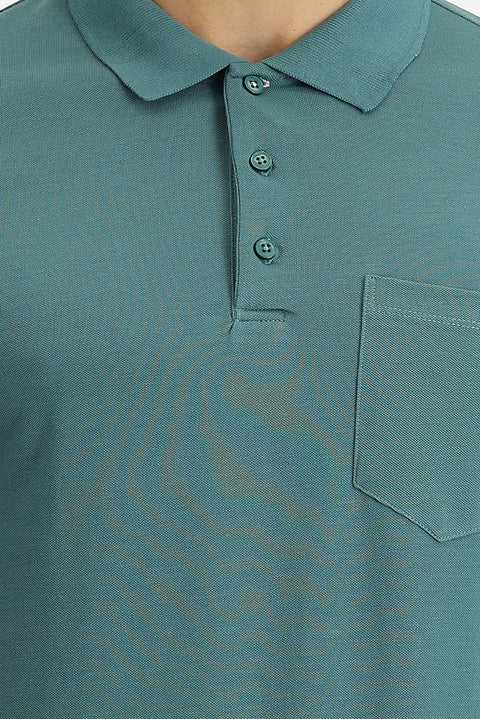 Moss Green Polo Collar Regular Fit Embroidered Cotton T-Shirt
