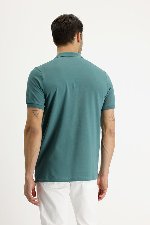 Moss Green Polo Collar Regular Fit Embroidered Cotton T-Shirt