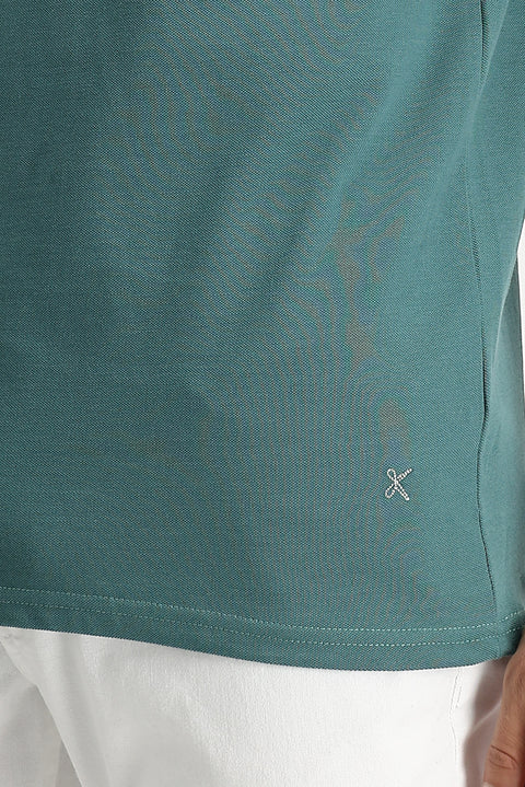 Moss Green Polo Collar Regular Fit Embroidered Cotton T-Shirt