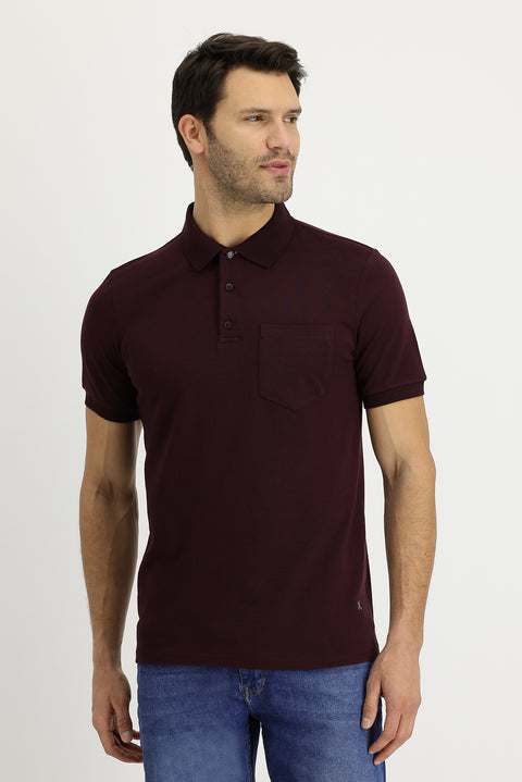 Dark Burgundy Polo Collar Regular Fit Embroidered Cotton T-shirt