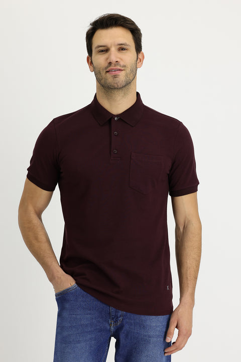Dark Burgundy Polo Collar Regular Fit Embroidered Cotton T-shirt