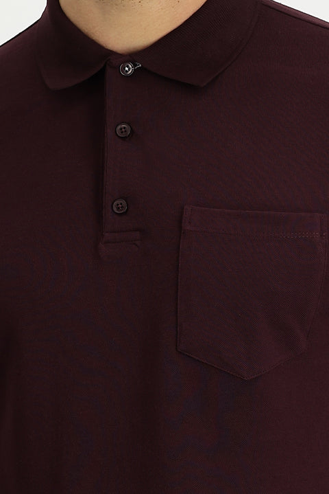 Dark Burgundy Polo Collar Regular Fit Embroidered Cotton T-shirt