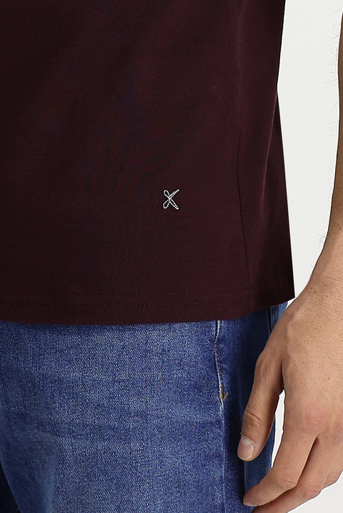 Dark Burgundy Polo Collar Regular Fit Embroidered Cotton T-shirt