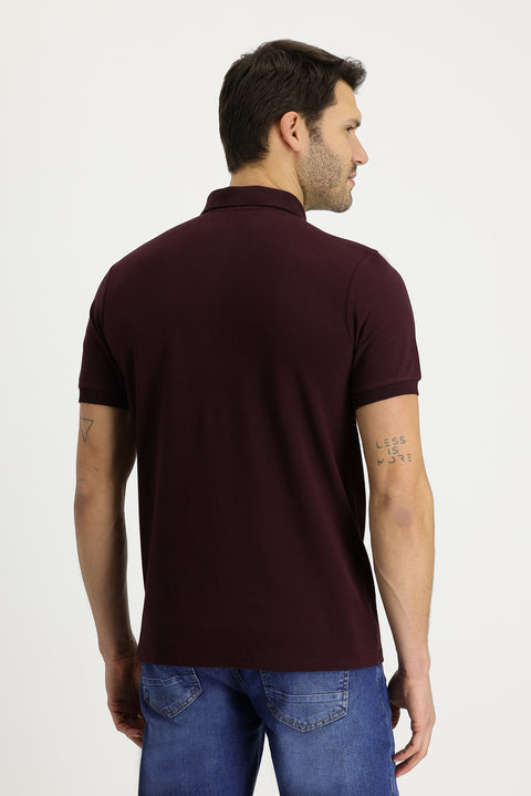 Dark Burgundy Polo Collar Regular Fit Embroidered Cotton T-shirt