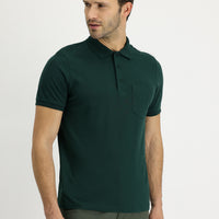 Dark Green Polo Collar Regular Fit Embroidered Cotton T-Shirt