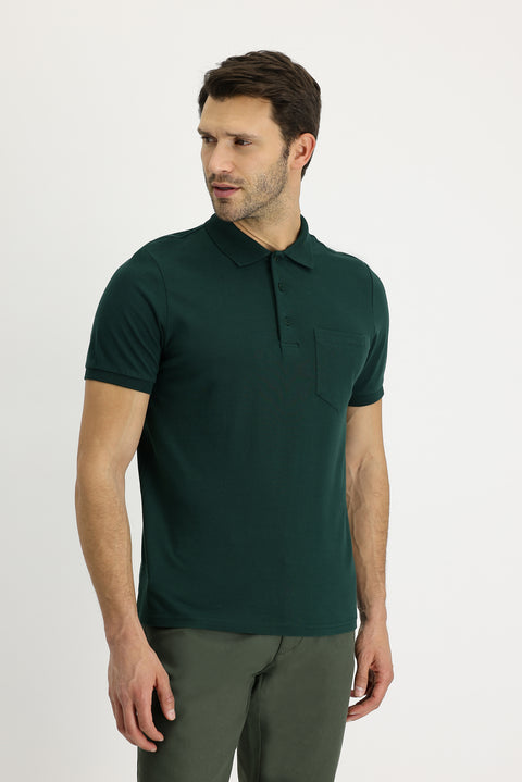 Dark Green Polo Collar Regular Fit Embroidered Cotton T-Shirt