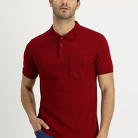 Dark Red Polo Collar Regular Fit Embroidered Cotton T-Shirt