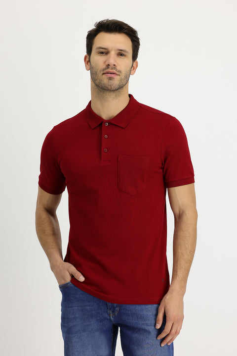 Dark Red Polo Collar Regular Fit Embroidered Cotton T-Shirt
