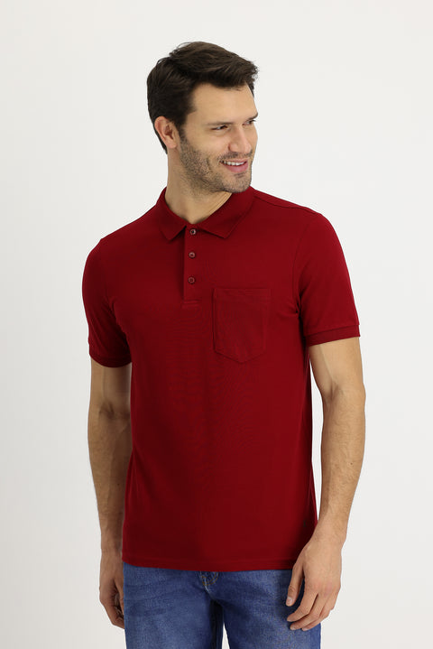 Dark Red Polo Collar Regular Fit Embroidered Cotton T-Shirt