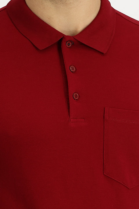 Dark Red Polo Collar Regular Fit Embroidered Cotton T-Shirt