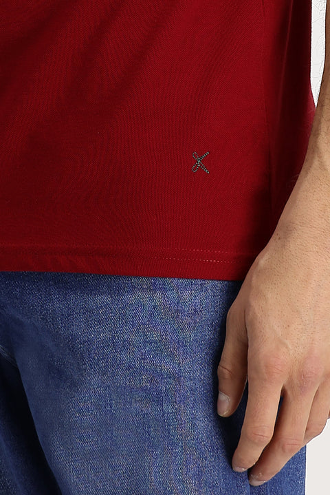 Dark Red Polo Collar Regular Fit Embroidered Cotton T-Shirt