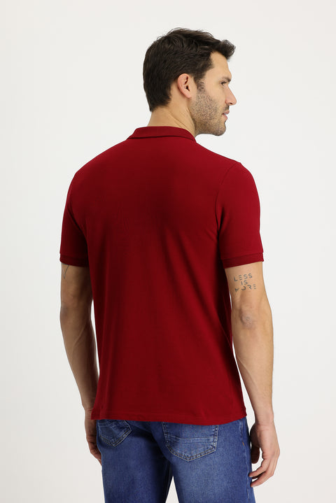 Dark Red Polo Collar Regular Fit Embroidered Cotton T-Shirt