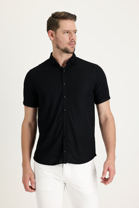 Black Polo Collar Regular Fit Button-Down T-Shirt