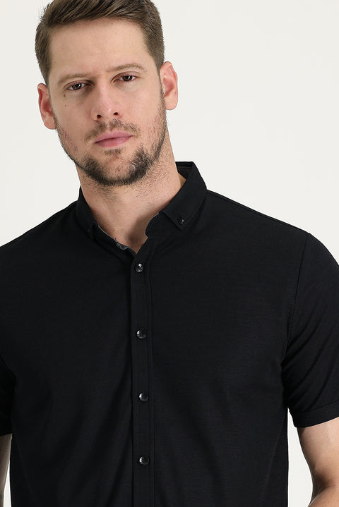 Black Polo Collar Regular Fit Button-Down T-Shirt